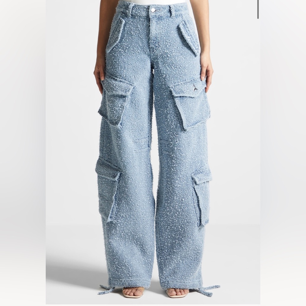 Maniere De Voir High Waisted Boucle Denim Cargo Trousers